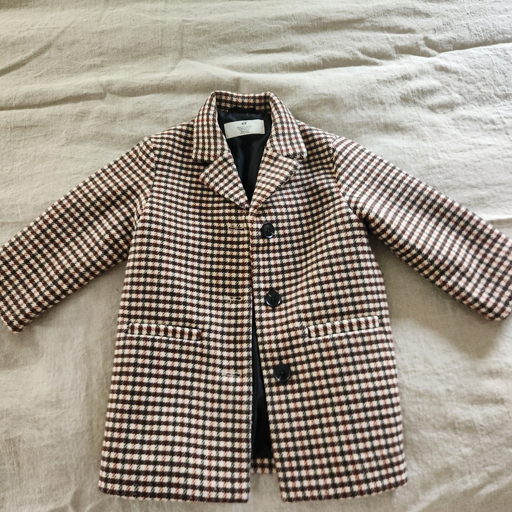 H&M Kids Checkered Pea Coat - Brown and Black